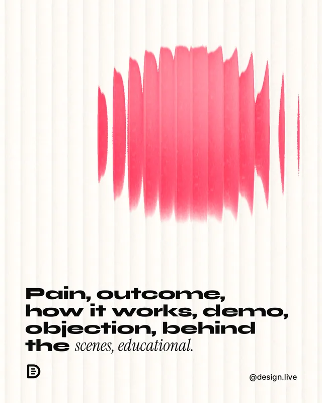 Instagram portrait post for design.live: "Pain, outcome, how it works, demo, objection, behind the scenes, educational." Auto 4x5 style, technique:shader field layout, light palette in white, red.