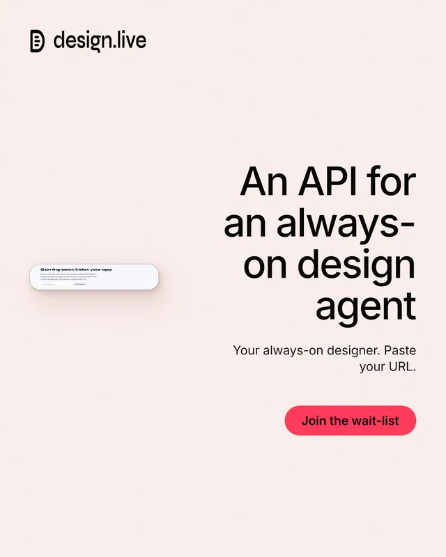 Instagram portrait post for design.live: "An API for an always-on design agent". Data card style, right layout, light palette in white, red.