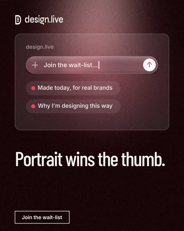 Instagram portrait post for design.live: "Portrait wins the thumb." Dark deco style, bottom layout, dark palette in black, red, grey.