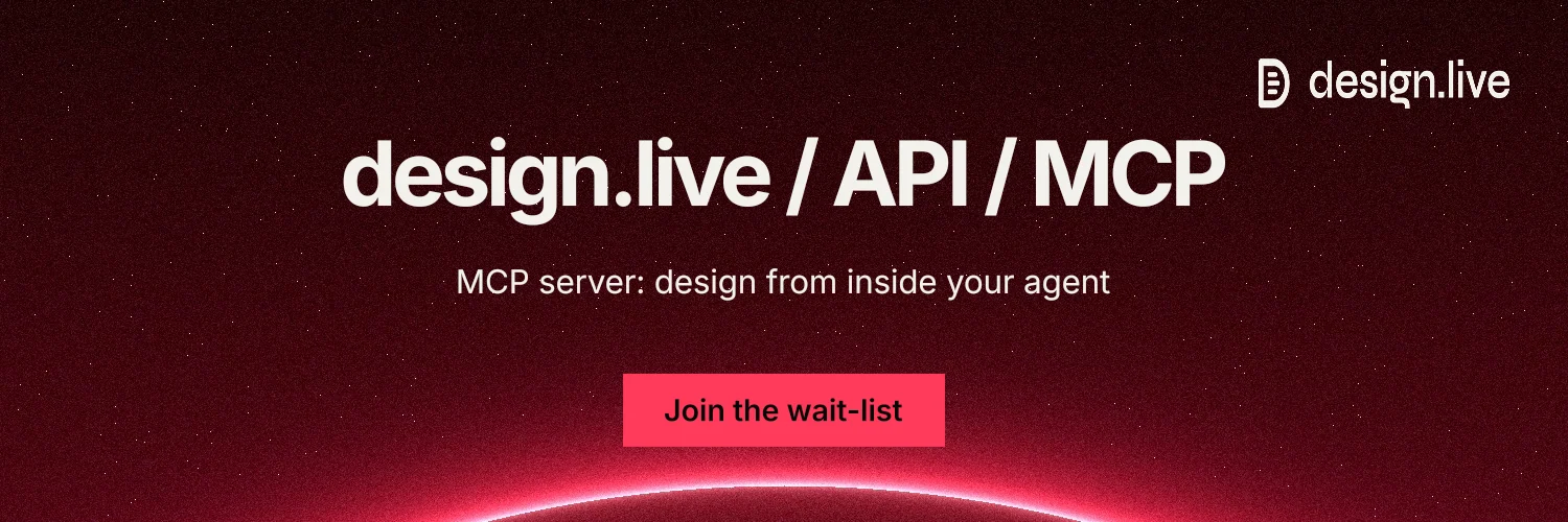 X header for design.live: "design.live / API / MCP". Swiss style, centred layout, dark palette in black, red.