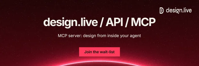 X header for design.live: "design.live / API / MCP". Swiss style, centred layout, dark palette in black, red.