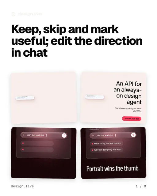 Carousel for design.live: "Keep, skip and mark useful; edit the direction in chat". Collection carousel, 8 slides, light palette.