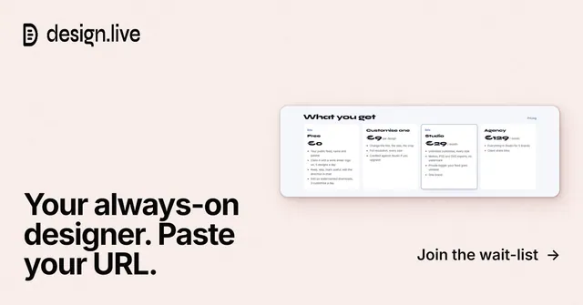 Social ad for design.live: "Your always-on designer. Paste your URL." Swiss style, image led layout, light palette in white.