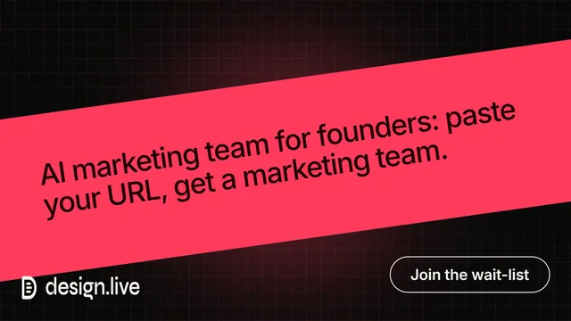 Landscape graphic for design.live: "AI marketing team for founders: paste your URL, get a marketing team." Phosphor atlas style, diagonal layout, dark palette in red, black.