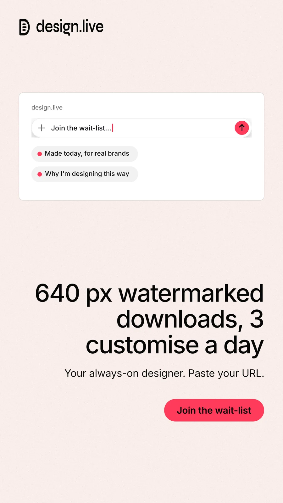 Instagram story for design.live: "640 px watermarked downloads, 3 customise a day". Data card style, right layout, light palette in white, red.
