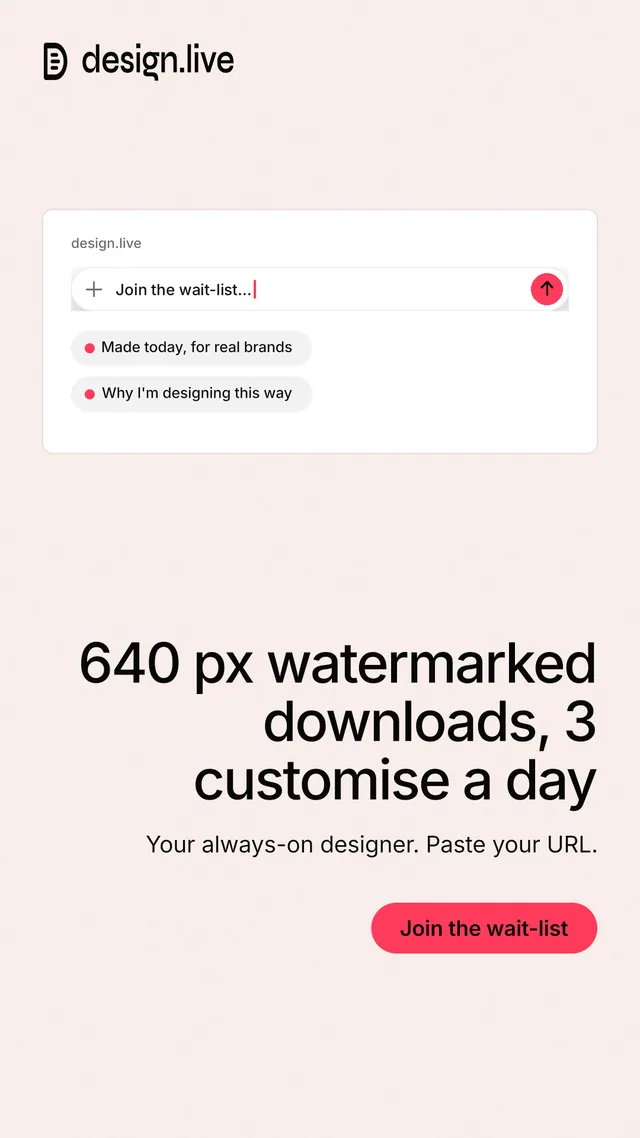 Instagram story for design.live: "640 px watermarked downloads, 3 customise a day". Data card style, right layout, light palette in white, red.