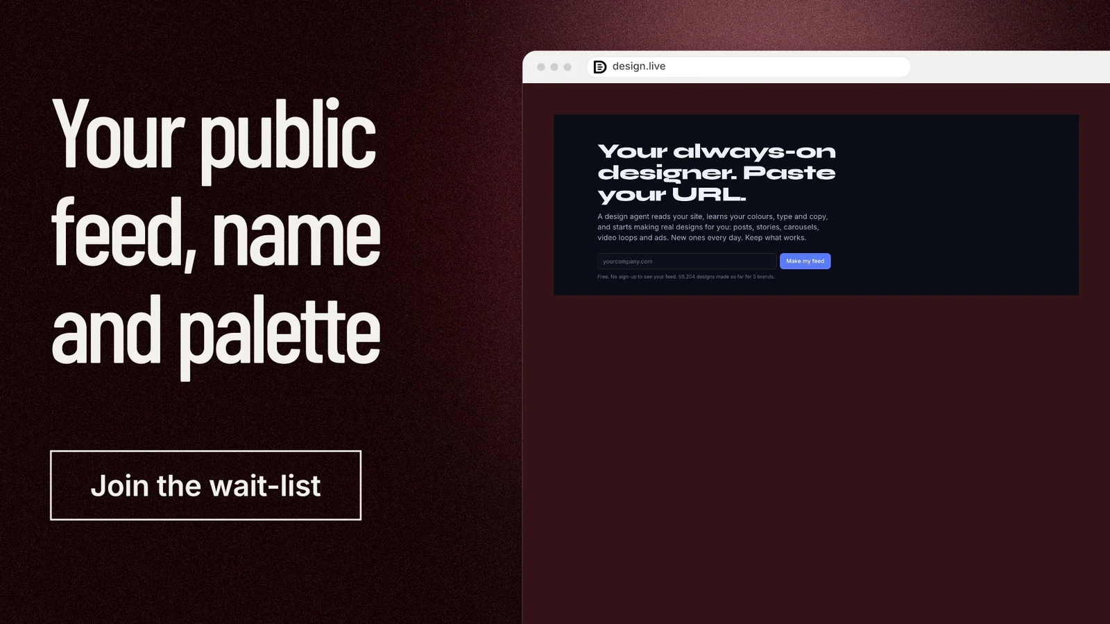 Landscape graphic for design.live: "Your public feed, name and palette". Dark deco style, browser layout, dark palette in red, black, grey.