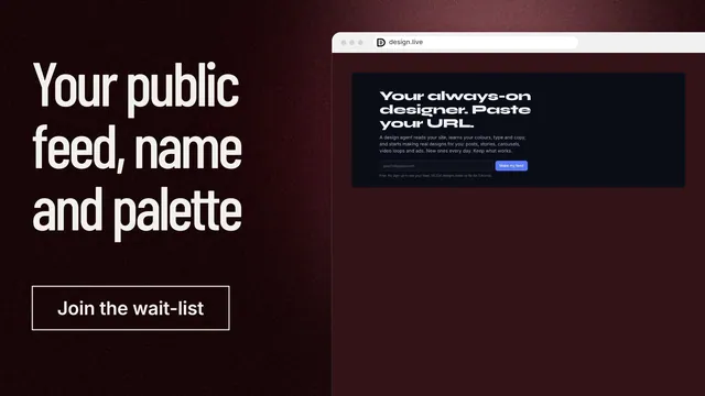 Landscape graphic for design.live: "Your public feed, name and palette". Dark deco style, browser layout, dark palette in red, black, grey.