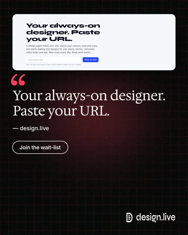 Instagram portrait post for design.live: "Your always-on designer. Paste your URL." Phosphor atlas style, quote layout, dark palette in black, white, grey.