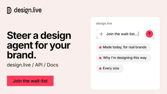 Landscape graphic for design.live: "Steer a design agent for your brand." Swiss style, bottom layout, light palette in white, red.
