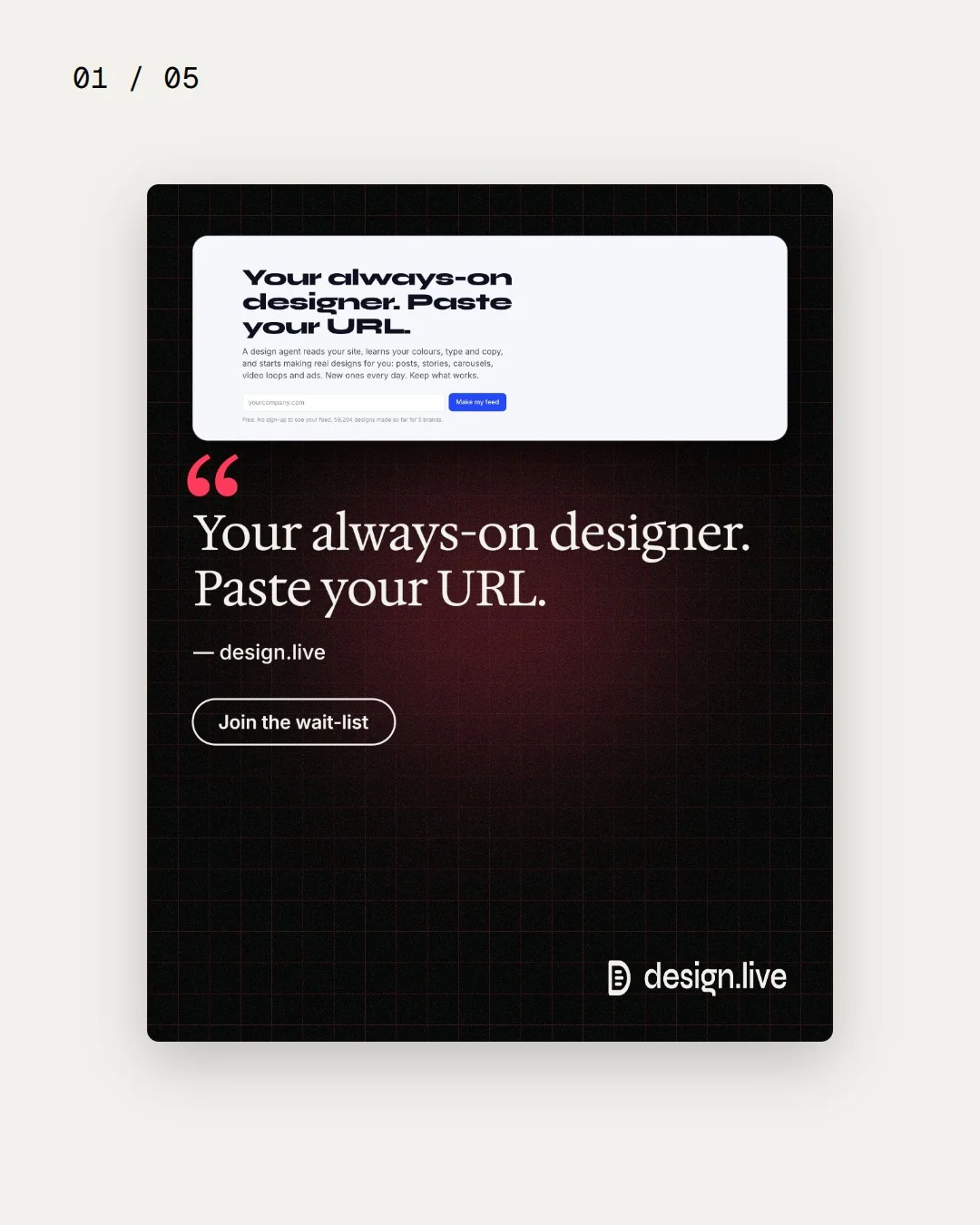 Video for design.live. Ad flipbook, 7.5 s, light palette.