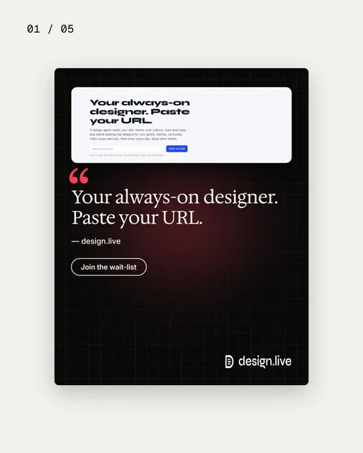 Video for design.live. Ad flipbook, 7.5 s, light palette.