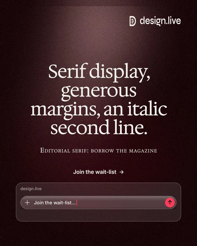 Instagram portrait post for design.live: "Serif display, generous margins, an italic second line." Dark deco style, smallcaps layout, dark palette in red, black, grey.