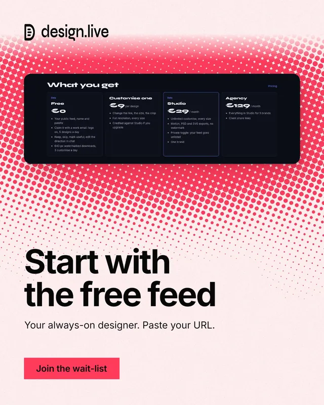 Instagram portrait post for design.live: "Start with the free feed". Swiss style, bottom layout, light palette in red, white.