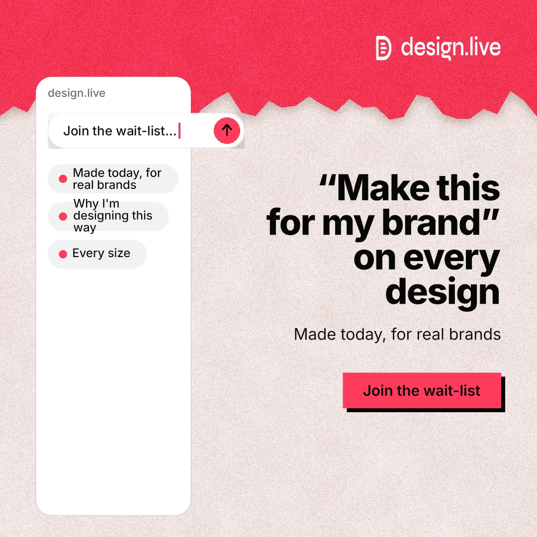 Instagram post for design.live: "“Make this for my brand” on every design". Paper trio style, right layout, light palette in orange, red, white.