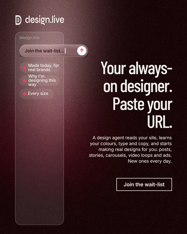 Instagram portrait post for design.live: "Your always-on designer. Paste your URL." Dark deco style, right layout, dark palette in black, red, grey.