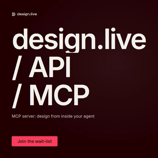 Video for design.live: "design.live / API / MCP". Doc motion loop, 7.0 s, dark palette.