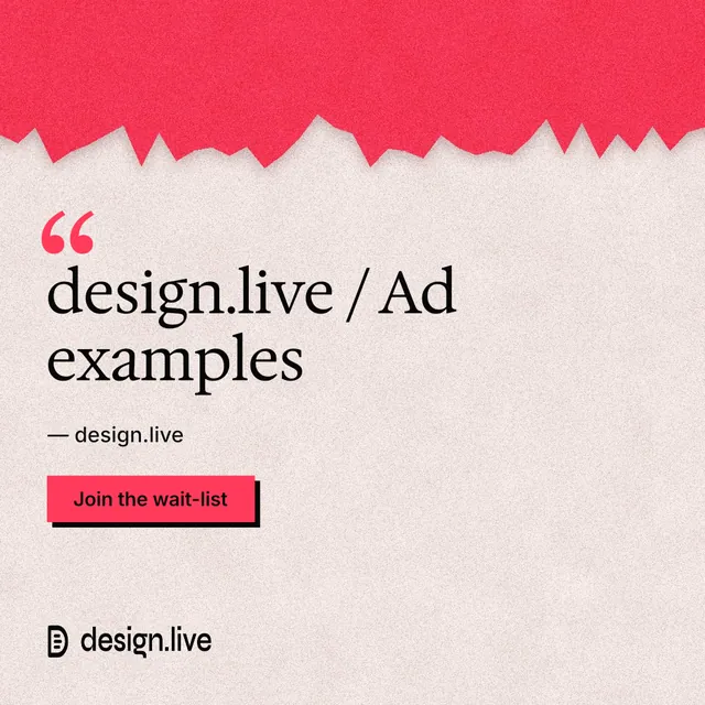 Instagram post for design.live: "design.live / Ad examples". Paper trio style, quote layout, light palette in orange, red.