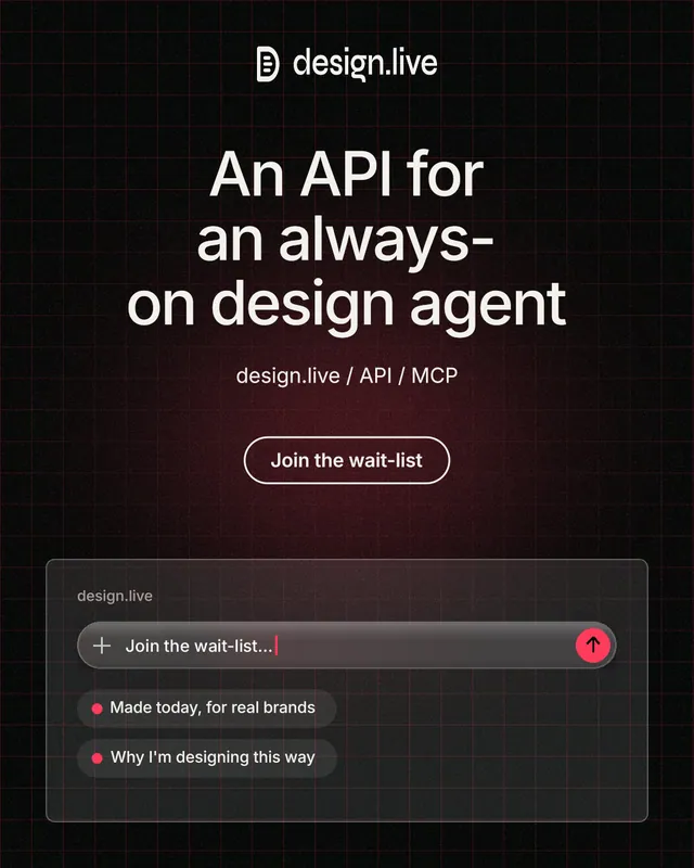 Instagram portrait post for design.live: "An API for an always-on design agent". Phosphor atlas style, centred layout, dark palette in red, black, grey.
