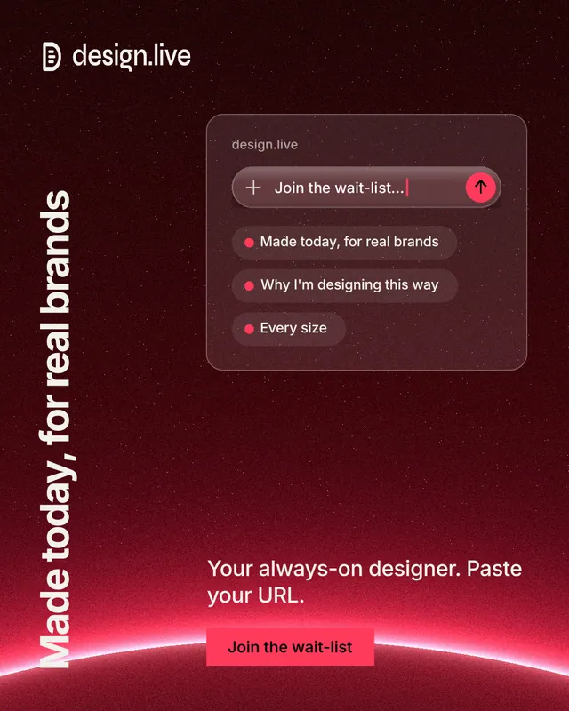 Instagram portrait post for design.live: "Made today, for real brands". Swiss style, vertical layout, dark palette in red, black.