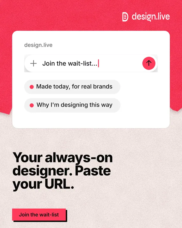 Instagram portrait post for design.live: "Your always-on designer. Paste your URL." Paper trio style, bottom layout, light palette in red, white.