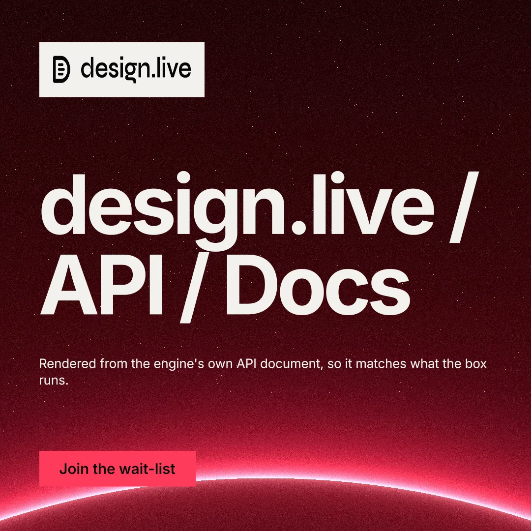Instagram post for design.live: "design.live / API / Docs". Swiss style, announce layout, dark palette in black, red, grey.