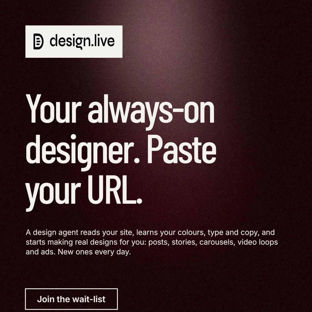 Instagram post for design.live: "Your always-on designer. Paste your URL." Dark deco style, announce layout, dark palette in black, red, grey.