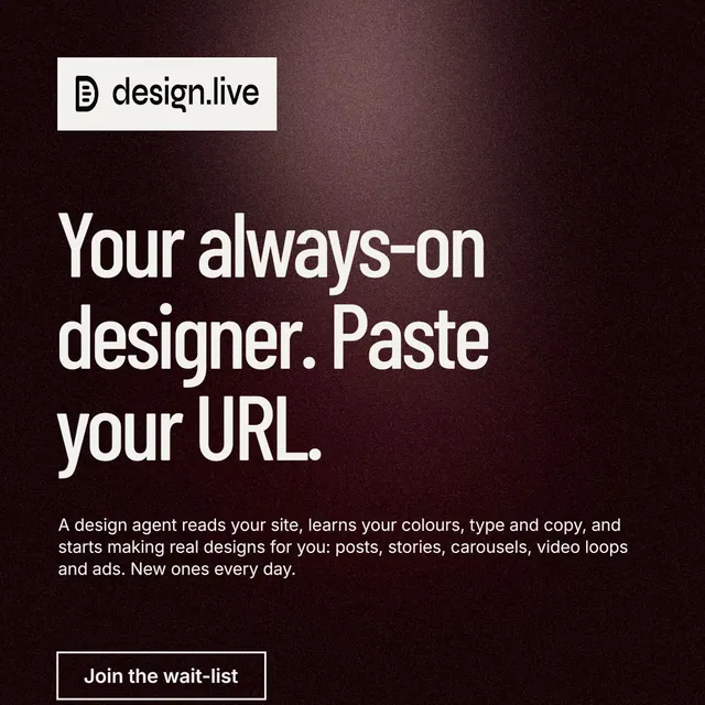 Instagram post for design.live: "Your always-on designer. Paste your URL." Dark deco style, announce layout, dark palette in black, red, grey.
