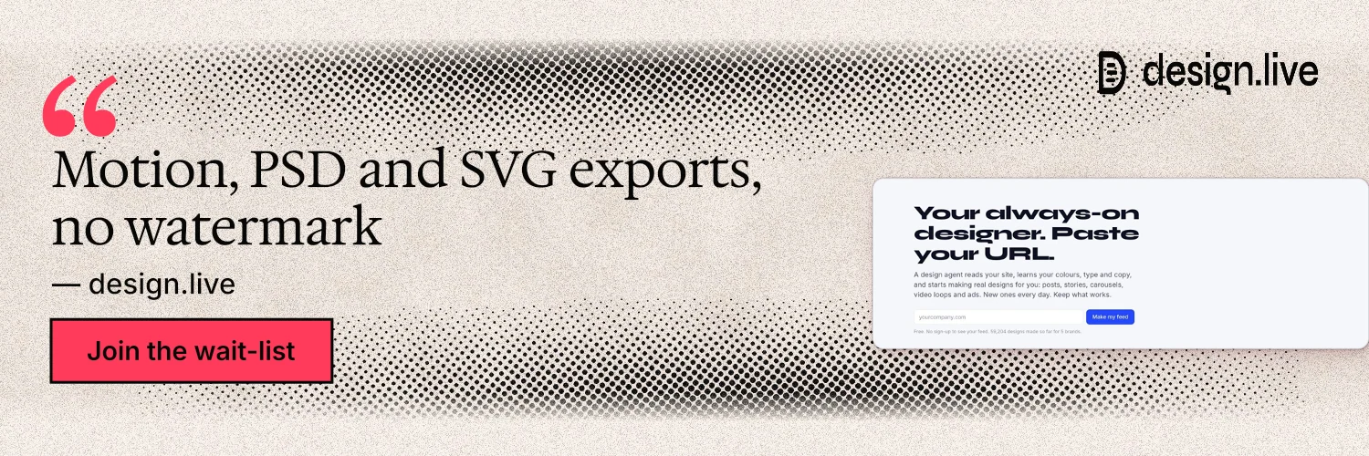X header for design.live: "Motion, PSD and SVG exports, no watermark". Ink sticker style, quote layout, light palette in orange, grey, white.