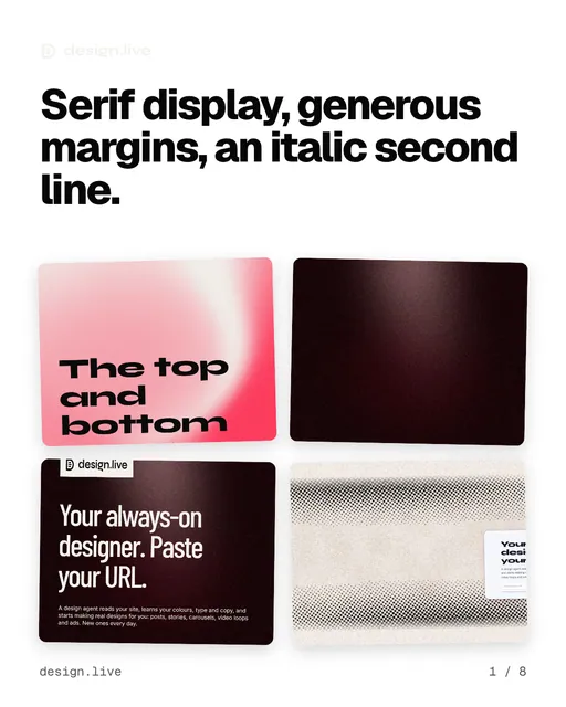 Carousel for design.live: "Serif display, generous margins, an italic second line.". Collection carousel, 8 slides, light palette.