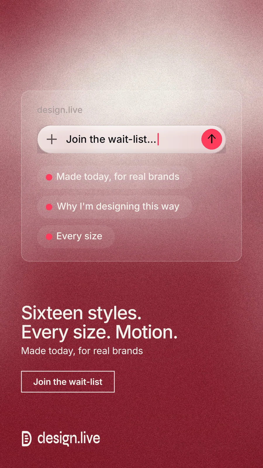 Instagram story for design.live: "Sixteen styles. Every size. Motion." Cyanotype style, bottom layout, light palette in red.
