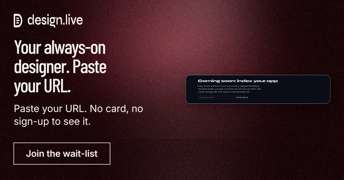 Social ad for design.live: "Your always-on designer. Paste your URL." Dark deco style, bottom layout, dark palette in black, red.