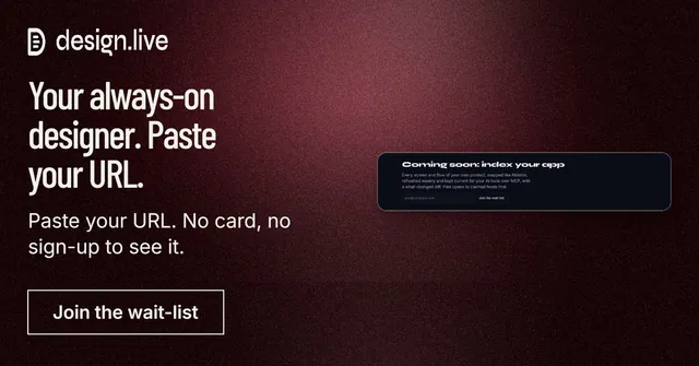 Social ad for design.live: "Your always-on designer. Paste your URL." Dark deco style, bottom layout, dark palette in black, red.