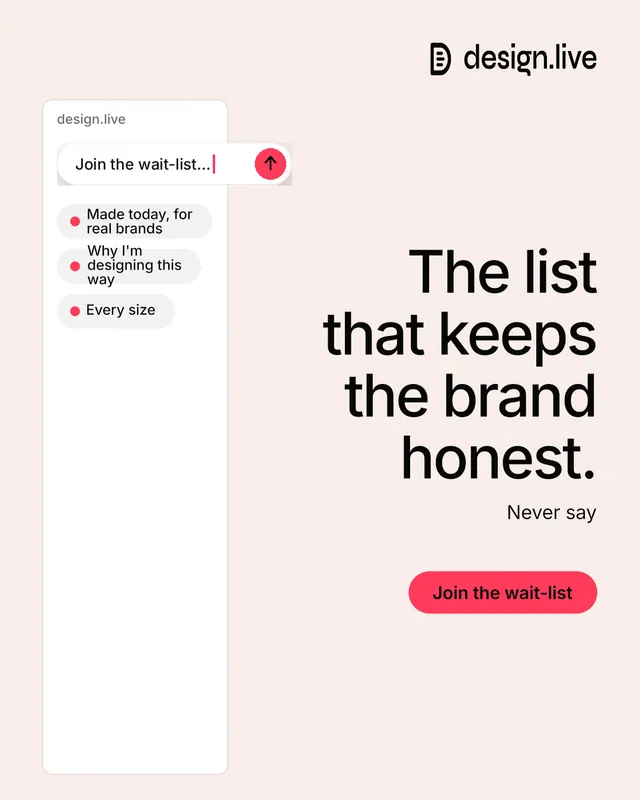 Instagram portrait post for design.live: "The list that keeps the brand honest." Data card style, right layout, light palette in white, red.