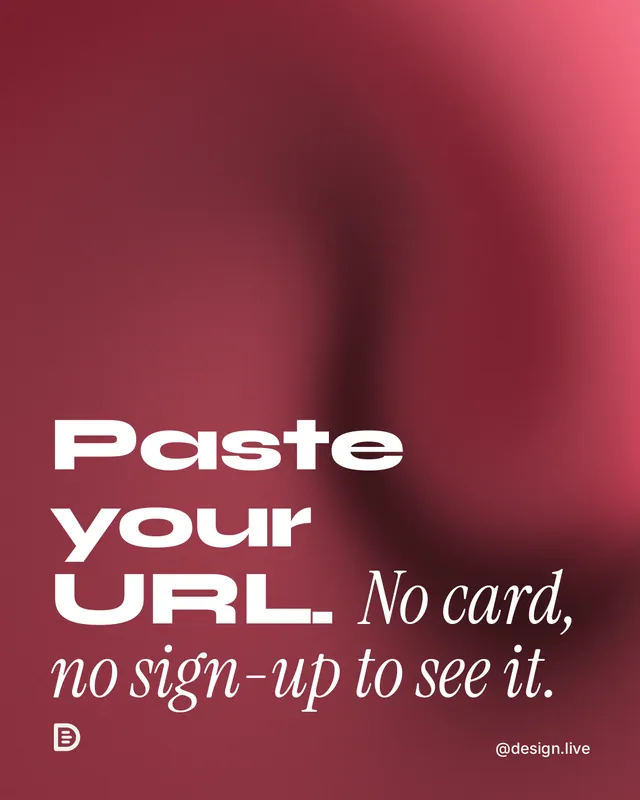 Instagram portrait post for design.live: "Paste your URL. No card, no sign-up to see it." Auto 4x5 style, technique:shader field layout, dark palette in red.