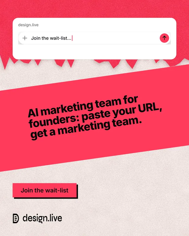 Instagram portrait post for design.live: "AI marketing team for founders: paste your URL, get a marketing team." Paper trio style, diagonal layout, light palette in red, orange, white.