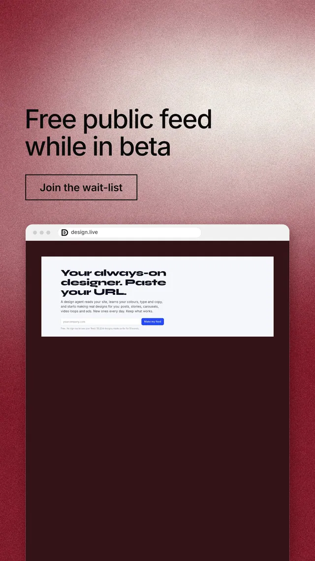 Instagram story for design.live: "Free public feed while in beta". Cyanotype style, browser layout, dark palette in red, white.
