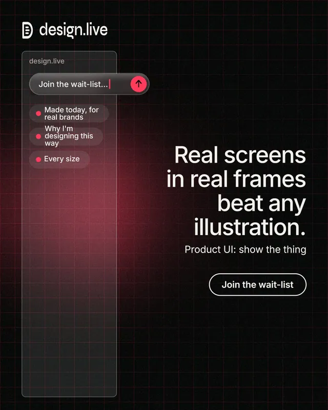 Instagram portrait post for design.live: "Real screens in real frames beat any illustration." Phosphor atlas style, right layout, dark palette in black, red, grey.