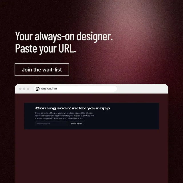 Instagram post for design.live: "Your always-on designer. Paste your URL." Dark deco style, browser layout, dark palette in red, black, grey.