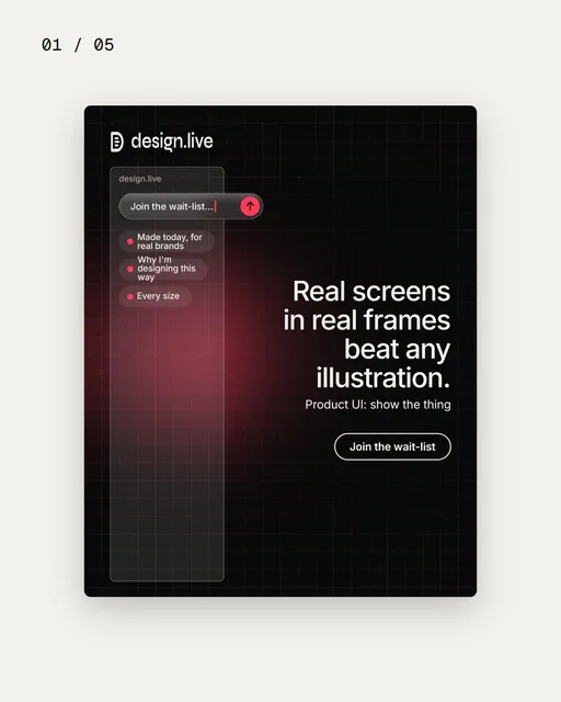 Video for design.live. Ad flipbook, 7.5 s, light palette.