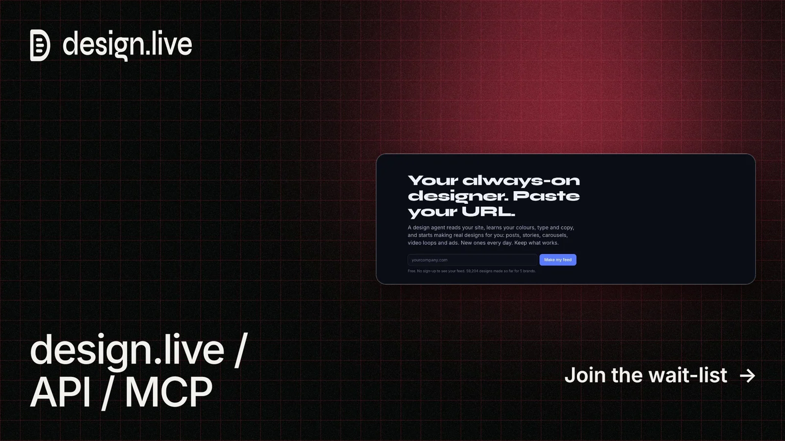 Landscape graphic for design.live: "design.live / API / MCP". Phosphor atlas style, image led layout, dark palette in black, red.