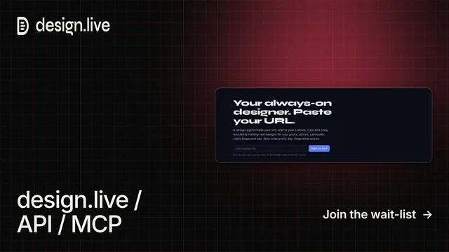 Landscape graphic for design.live: "design.live / API / MCP". Phosphor atlas style, image led layout, dark palette in black, red.
