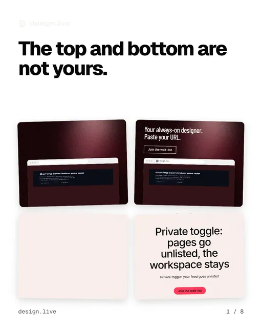 Carousel for design.live: "The top and bottom are not yours.". Collection carousel, 8 slides, light palette.