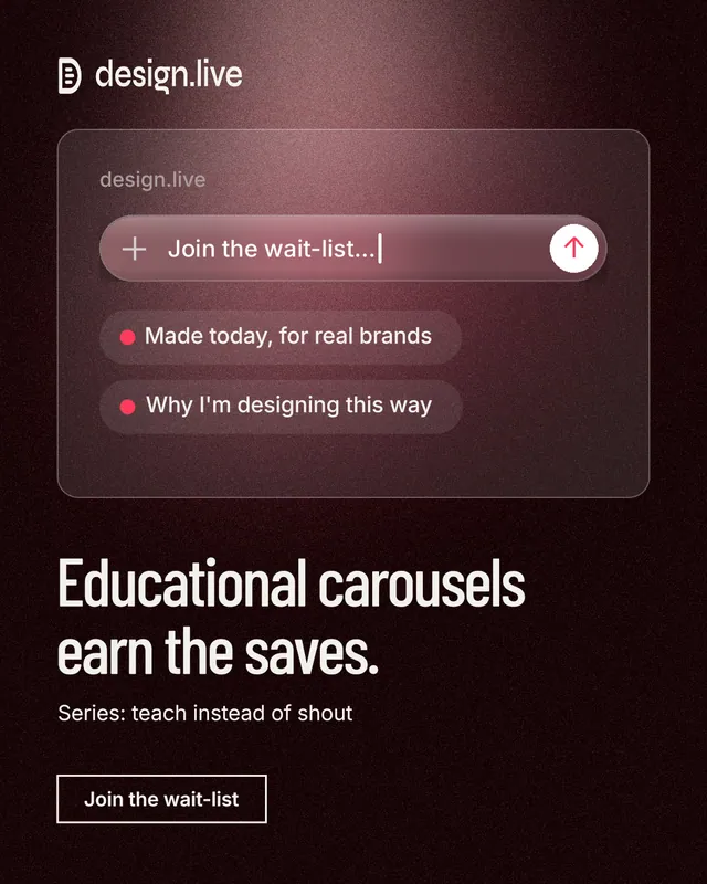 Instagram portrait post for design.live: "Educational carousels earn the saves." Dark deco style, bottom layout, dark palette in black, red, grey.