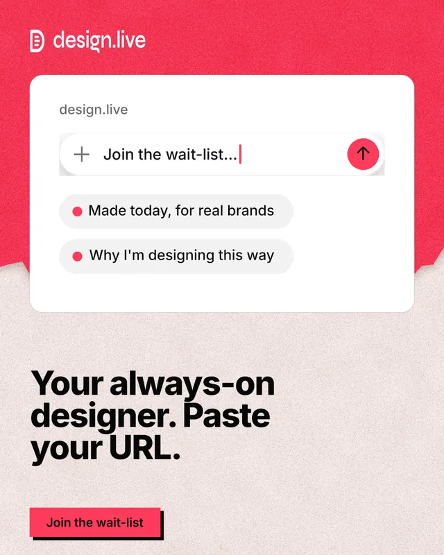 Instagram portrait post for design.live: "Your always-on designer. Paste your URL." Paper trio style, bottom layout, light palette in orange, red, white.