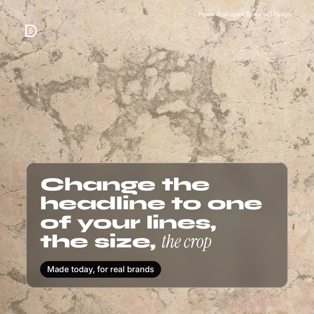 Instagram post for design.live: "Change the headline to one of your lines, the size, the crop". Glass style, technique:pexels ingredient layout, light palette in grey, orange.