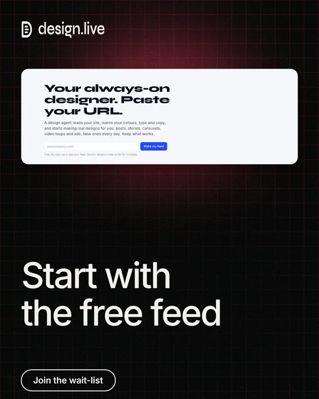 Instagram portrait post for design.live: "Start with the free feed". Phosphor atlas style, bottom layout, dark palette in black, white, grey.