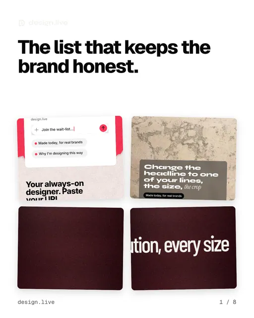 Carousel for design.live: "The list that keeps the brand honest.". Collection carousel, 8 slides, light palette.