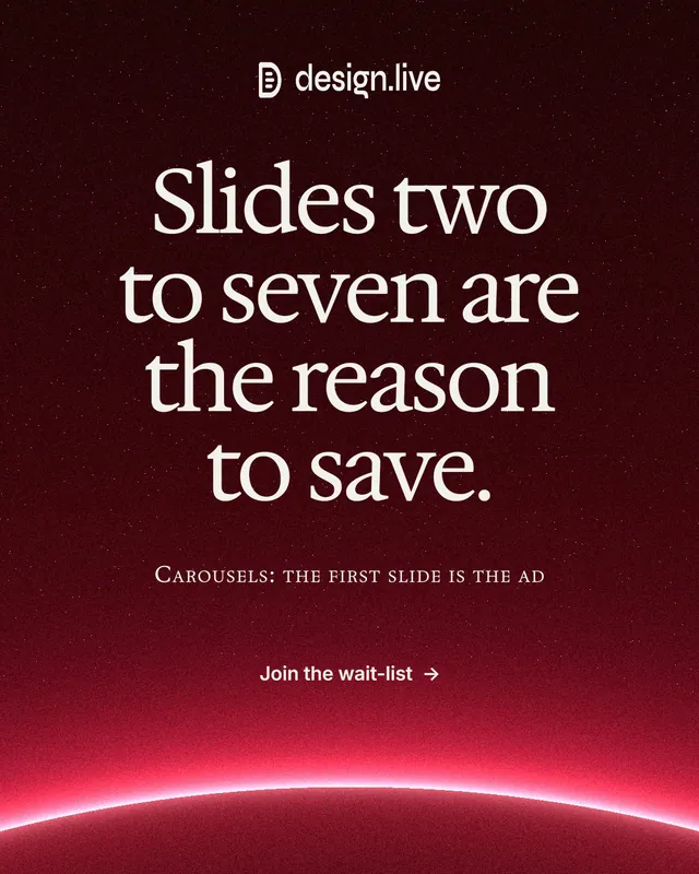 Instagram portrait post for design.live: "Slides two to seven are the reason to save." Swiss style, smallcaps layout, dark palette in black, red.