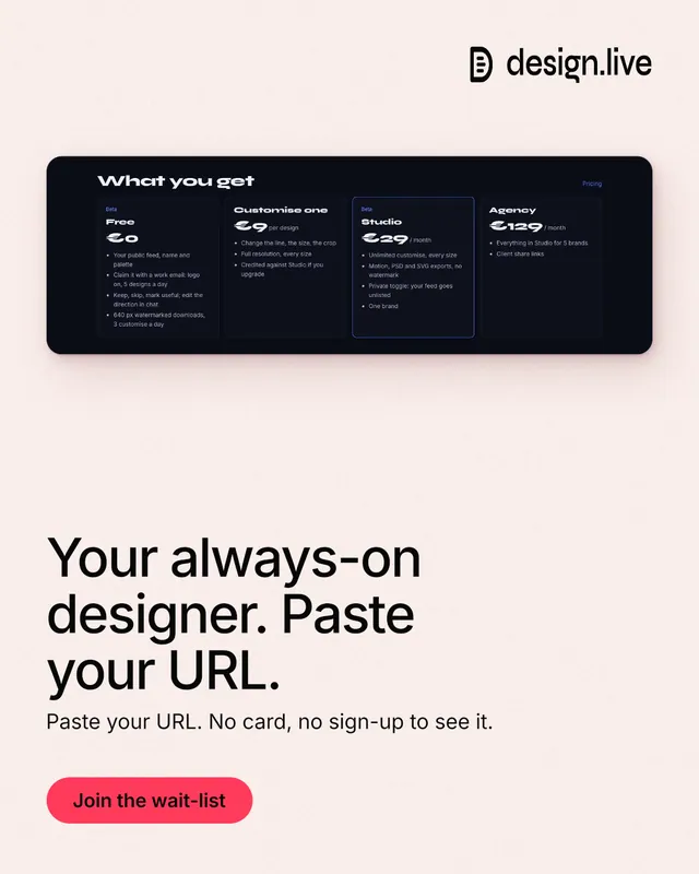 Instagram portrait post for design.live: "Your always-on designer. Paste your URL." Data card style, bottom layout, light palette in white, purple, grey.
